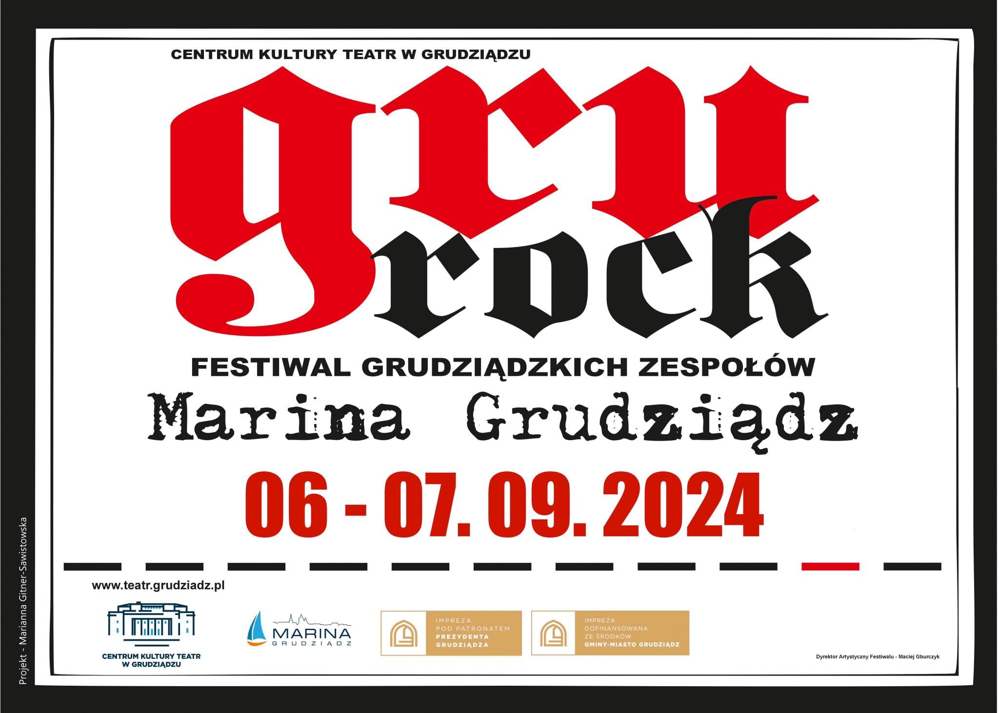 Grafika przedstawia logo festiwalu GRU-ROCK, miejsce wydarzenia oraz datę