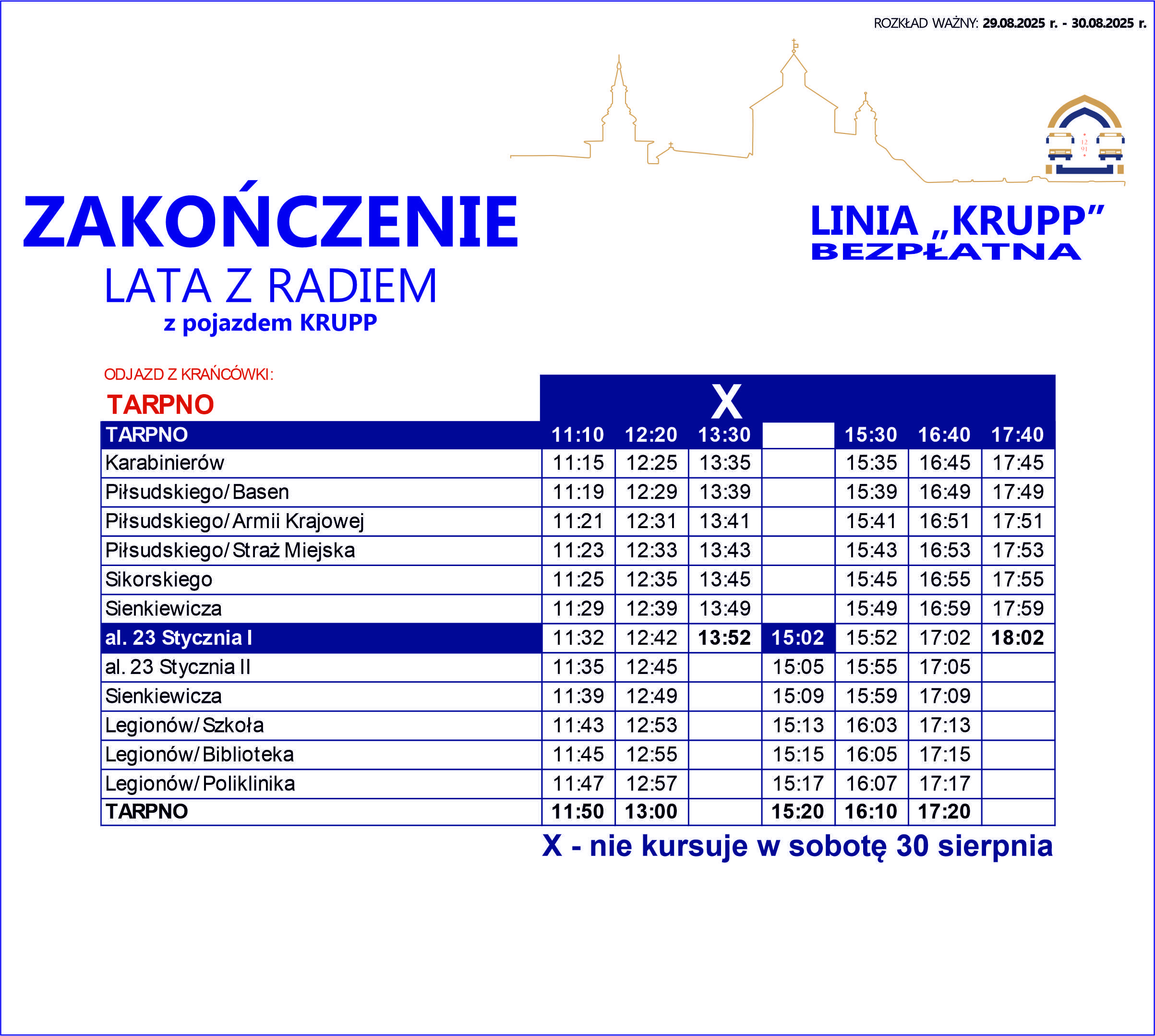 Rozkład jazdy KRUPP LDH 2,5 w dniach od 29 do 30 sierpnia.