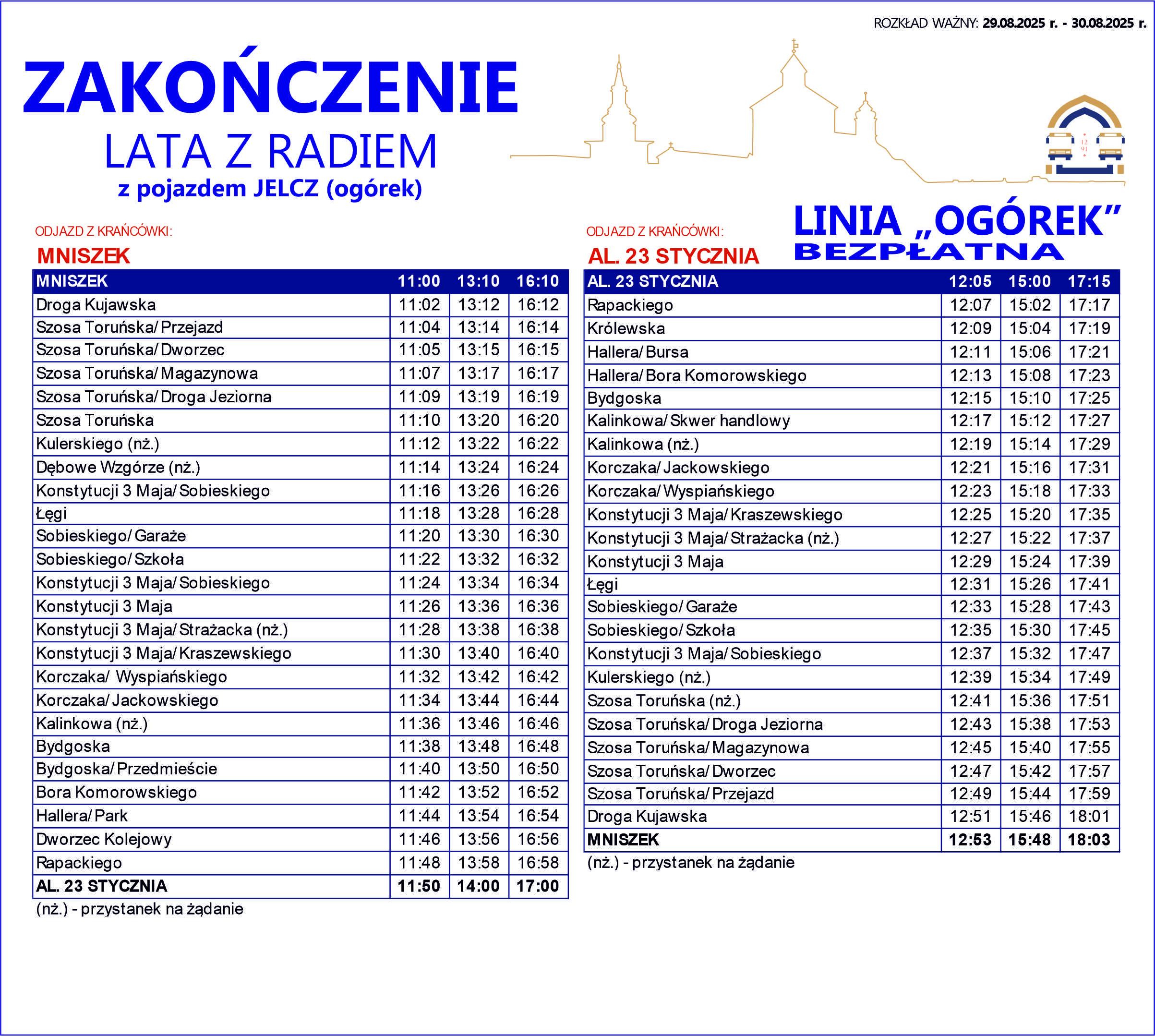 Rozkład jazdy Jelcz MEX RTO, popularnie nazywany „ogórkiem” w dniach od 29 do 30 sierpnia.