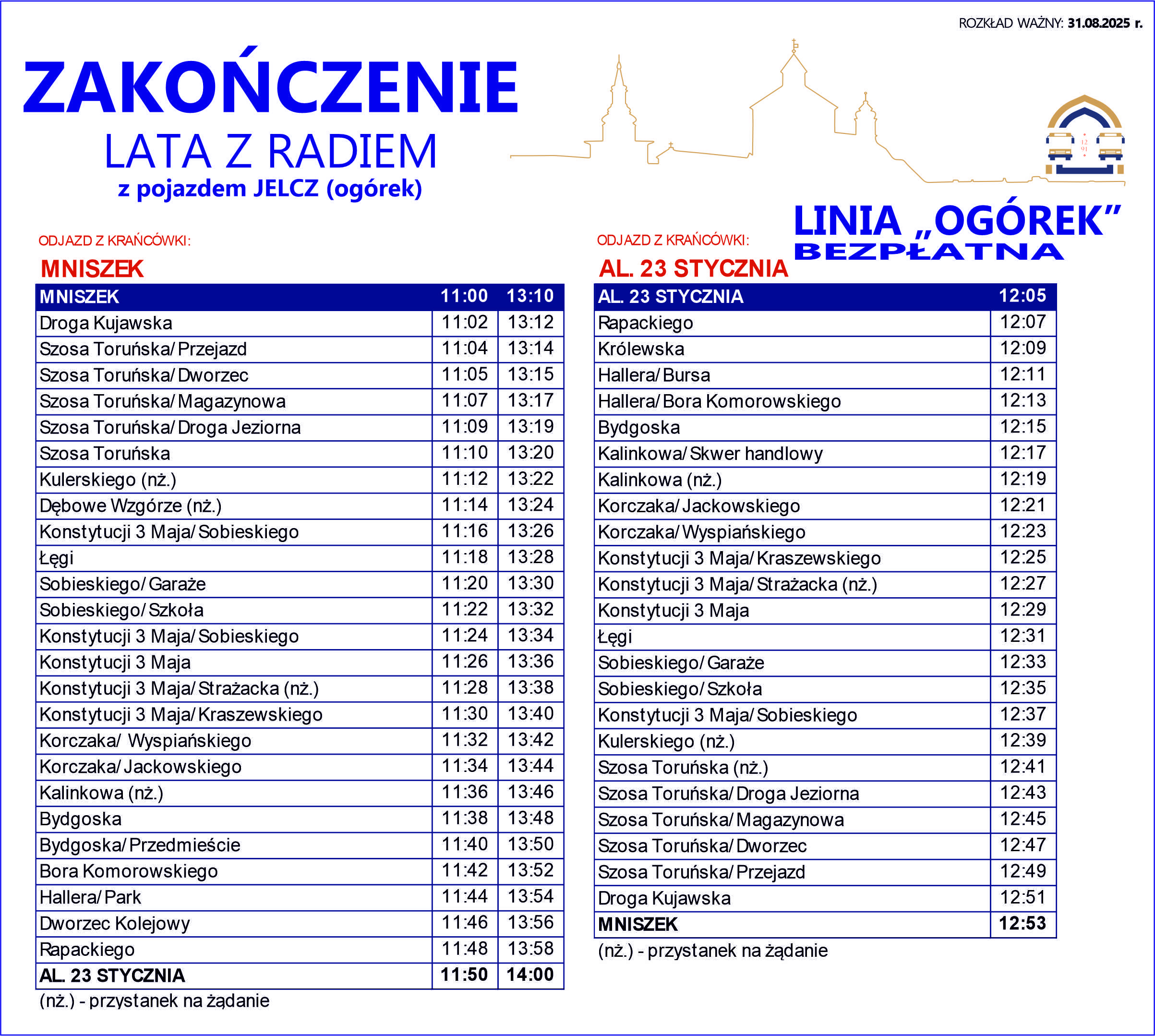Rozkład jazdy Jelcz MEX RTO, popularnie nazywany „ogórkiem” w dniu 31 sierpnia.