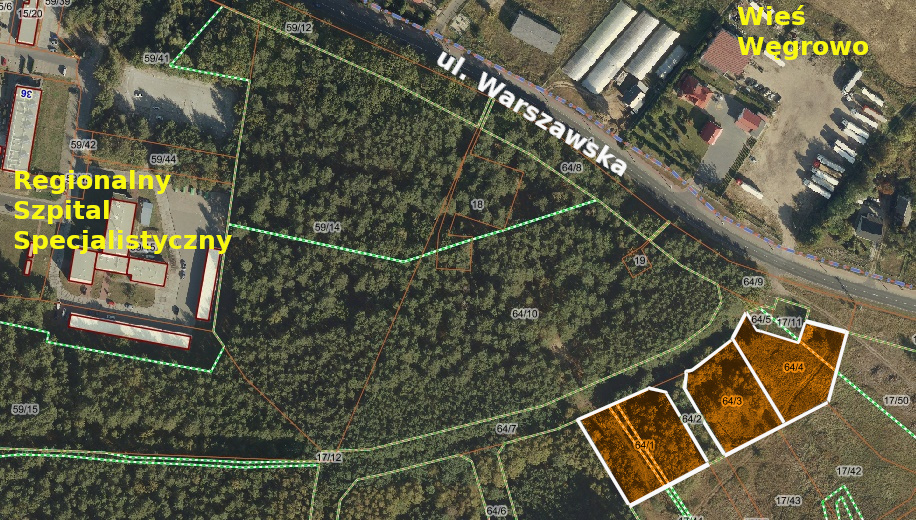 Grafika przedstawia miejską działkę na sprzedaż.