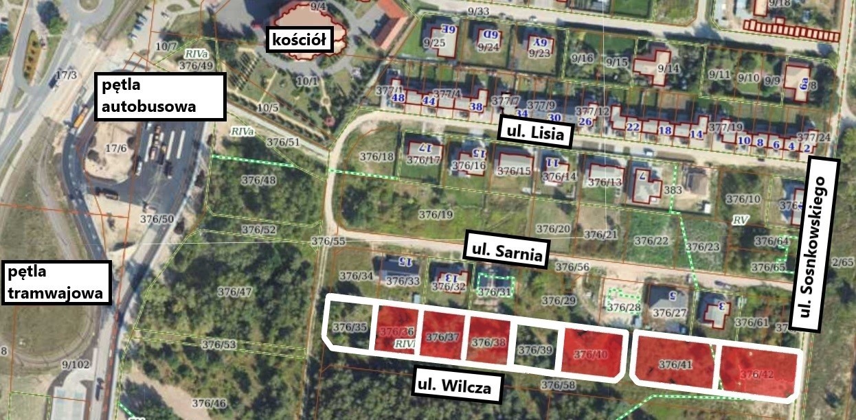 Grafika przedstawia miejską działkę na sprzedaż.
