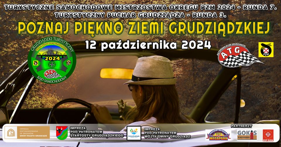 Grafika przedstawia plakat wydarzenia, na którym pierwszoplanową rolę odgrywa kobieta prowadząca auto.