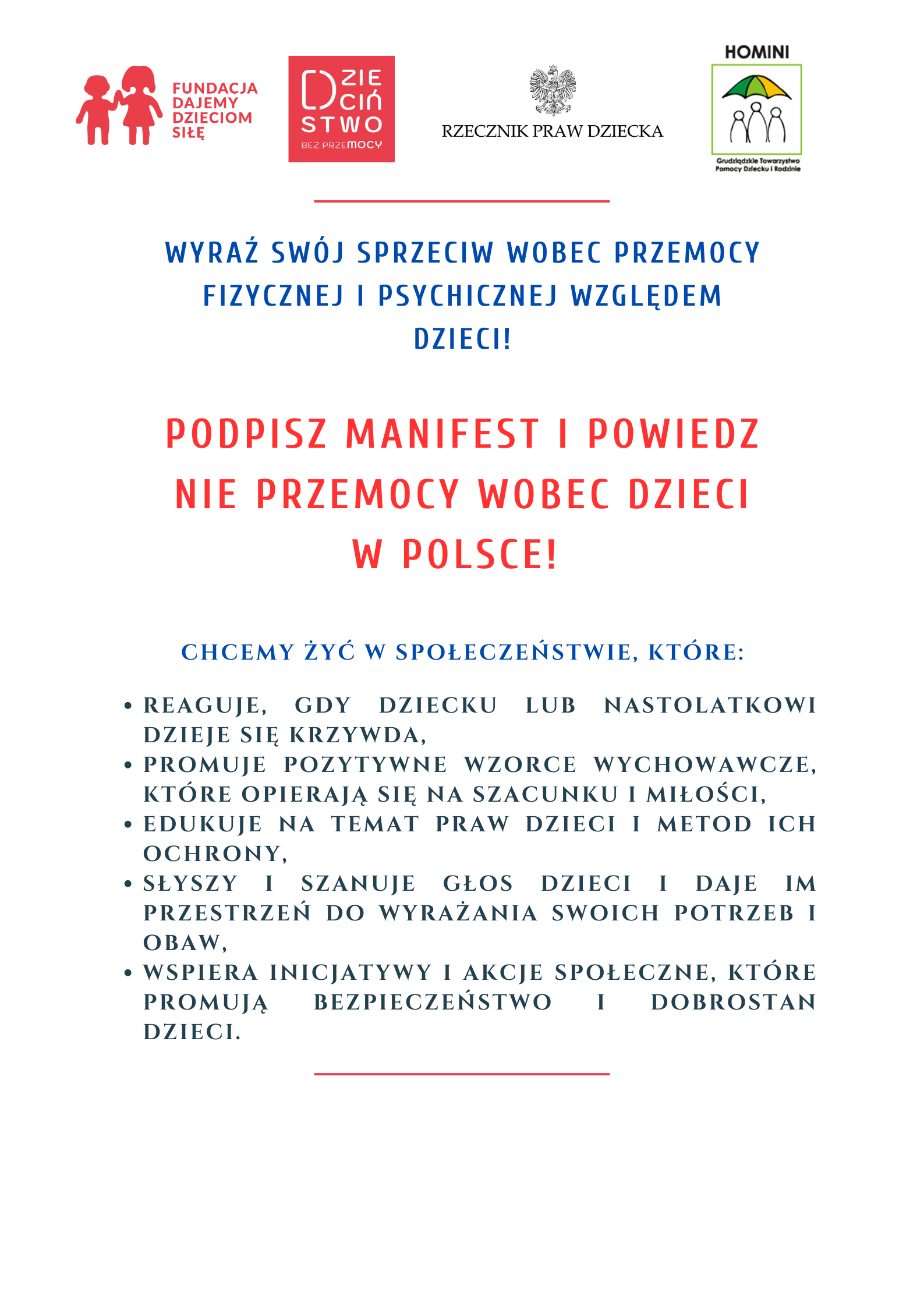 Grafika przedstawia informacje zachęcające do wyrażenia manifestu wobec krzywdzenia dzieci. 