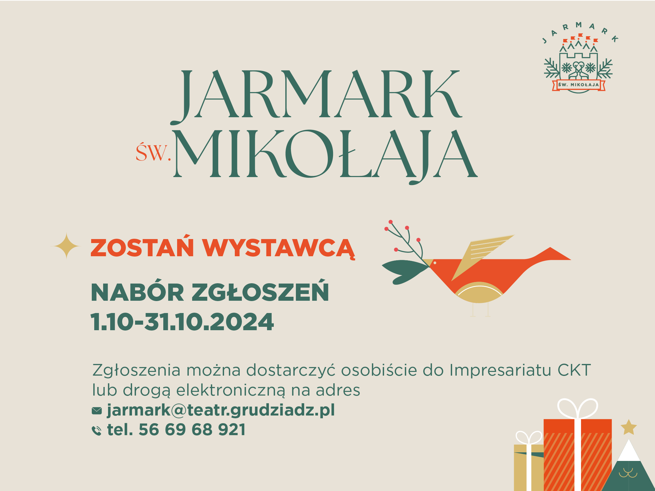 Grafika przedstawia logo Jarmarku św. Mikołaja oraz infromacje o terminie zgłoszeń dla wystawców 