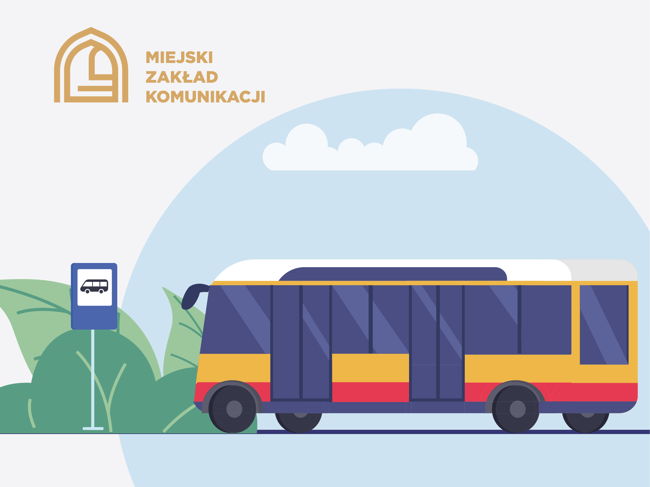 Grafika z logo MKZ przedstawiająca stojący autobus przy znaku przystanku autobusowego.