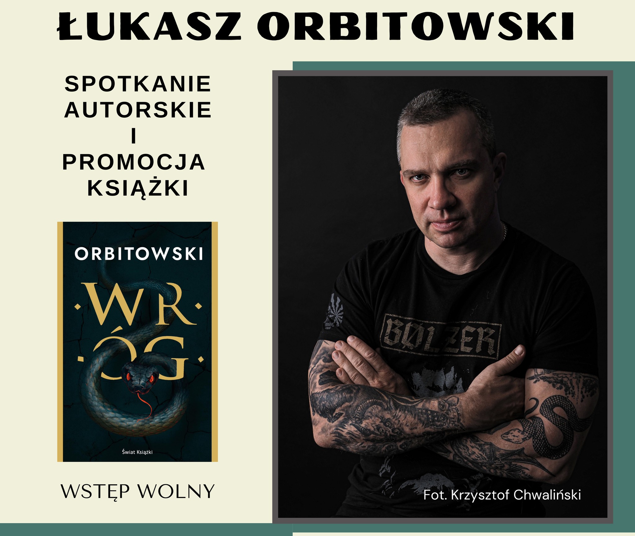 Grafika przedstawia zdjęcie Łukasza Orbitowskiego i okładkę jego najnowszego książki pt. 