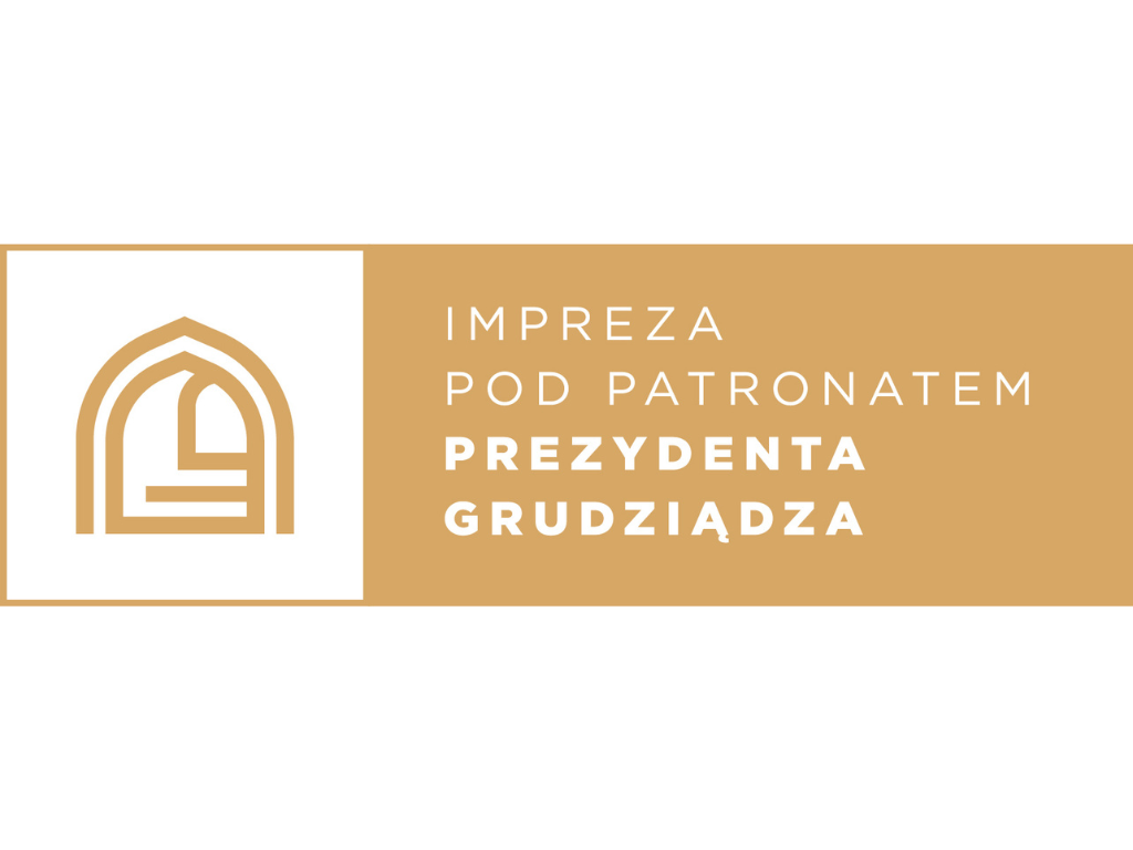 Grafika przedstawia stempel impreza pod patronatem prezydenta Grudziądza.